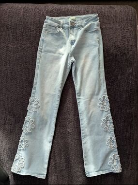 Sky Floral Embroidered Applique Boho Chic Flare Jeans